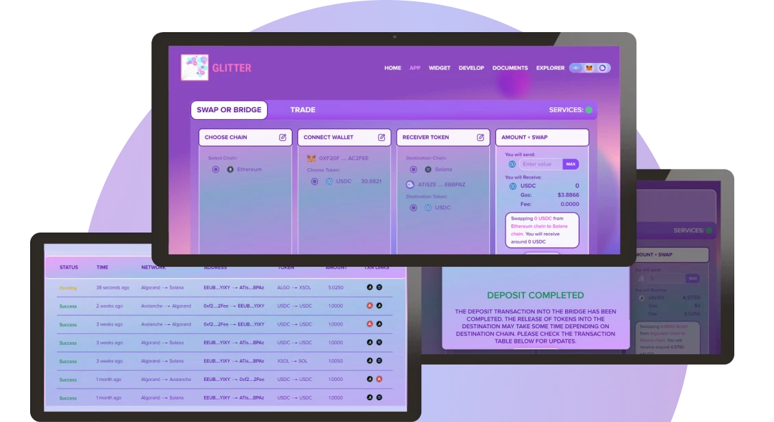 Glitter finance products showcased in mobile, desktop and tablet